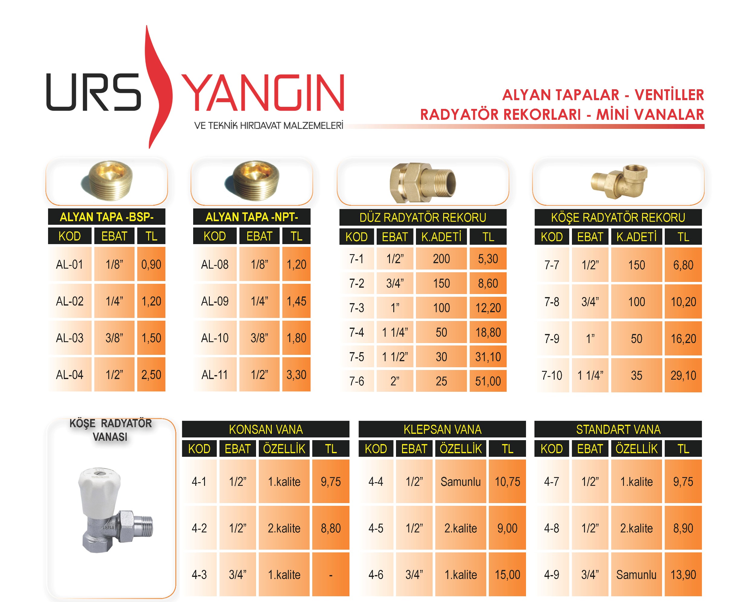 ALYAN TAPALAR, VENTİLLER, RADYATÖR REKORLARI, MİNİ VANALAR